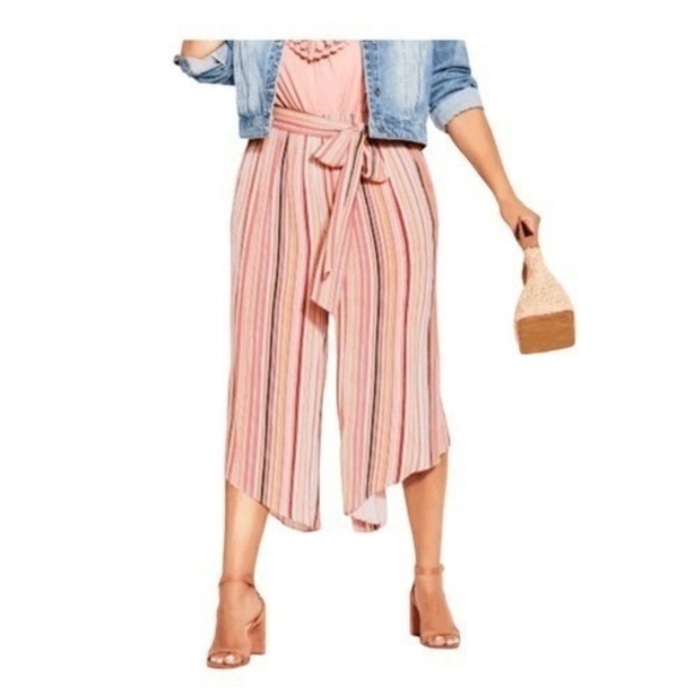 City Chic Takamaka Striped Wide Leg Crop Pants Pink Black Yellow Cream 16